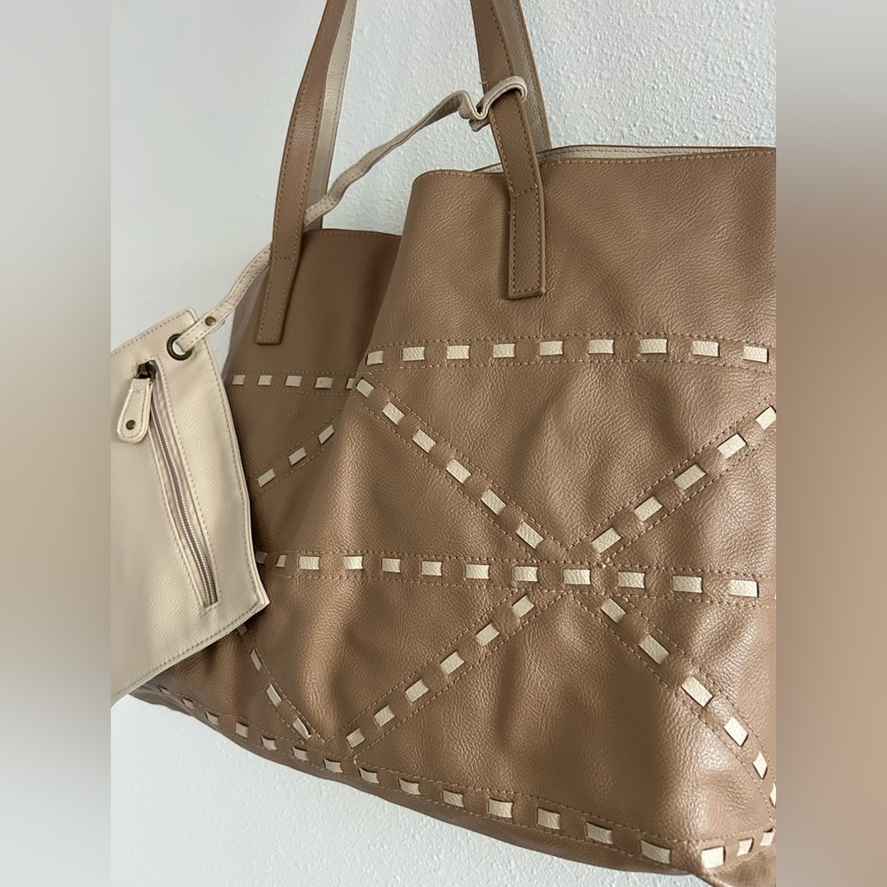 Leather Tote Bag with Removable Pouch - Tan and Cream - Picture 2 of 4